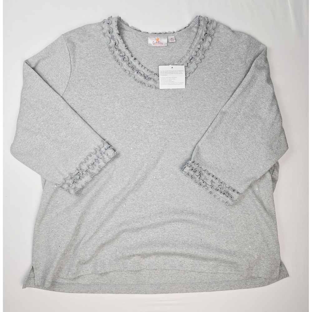 NWT Womens Quacker Factory shirt sz 3X grey ruffle sleeve rhinestone